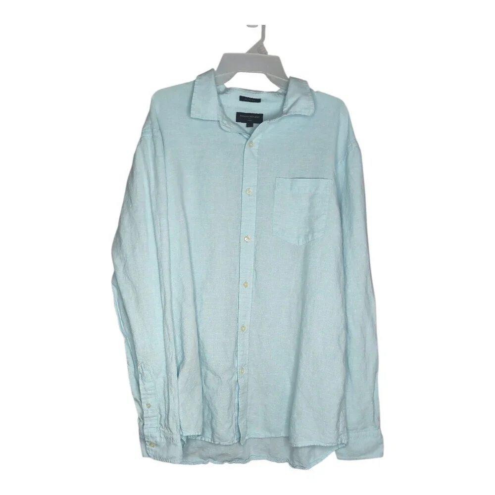 Banana Republic Men's Size XL Blue Linen Long Sleeve Button Up Slim Fit Collared